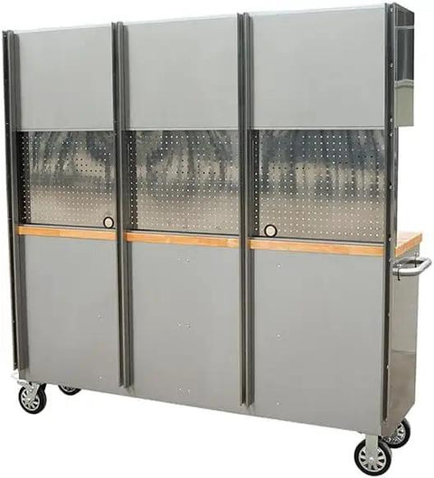 Dang Tough Rolling Tool Chest In A 2 Pack With 11 Drawers And 3 Lockable Cabinets slick stainless steel cart with wooden worktop.