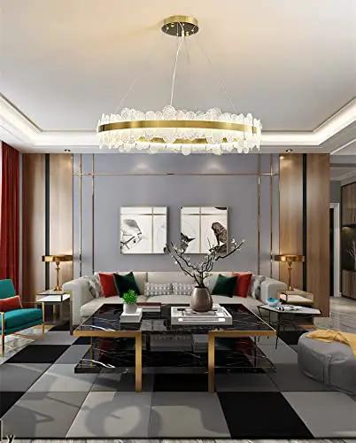 Chic Round Gold LED Pendant Light With Cut Diamond Glass Shade Dimmable Hanging Lamp For Modern Spaces Top Tier Smooth Glow Ceiling Setup Hits Different in a stylish living room.
