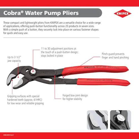 Cobra Water Pump Pliers, 5 Inch, Red, Adjustable Pliers with Self-Locking Teeth, 13 Positions, Pinch Guard for Safe Operation