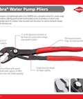 Cobra Water Pump Pliers 7 And A Quarter Inch Beefy Self Locking Pliers With Teeth Grip 18 Adjustment Positions Pinch Guard No Slip Grip Quick Adjust Button 30 Percent More Capacity Than Ordinary Pipe Wrenches Red, shown with descriptions