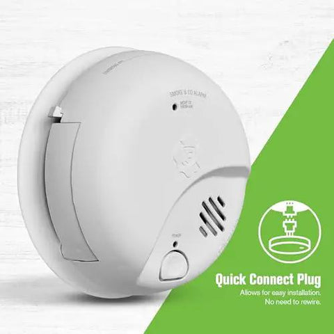 Front view of Combination Smoke And Carbon Monoxide Alarm With Interconnect featuring quick connect plug and battery backup.