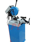 11 Inch Cold Cut Saw With Swivel Base And 110V 1 5HP Motor Built Like A Tank For Industrial Metal Fabrication Featuring Full Gear Drive Quick Release Vise And Grind Free Precision Cuts on a blue stand with dimensions 16''L x 17''W x 30''H.