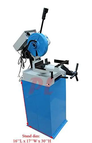 11 Inch Cold Cut Saw With Swivel Base And 110V 1 5HP Motor Built Like A Tank For Industrial Metal Fabrication Featuring Full Gear Drive Quick Release Vise And Grind Free Precision Cuts on a blue stand with dimensions 16''L x 17''W x 30''H.