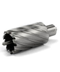 Heavy Duty High Speed Steel Annular Cutter With Weldon Shank Precision Hole Saw For Magnetic Drills And Mill Tools 3/4 Shank 1-7/16 Cut Dia 2 Inch Depth shown at an angle.