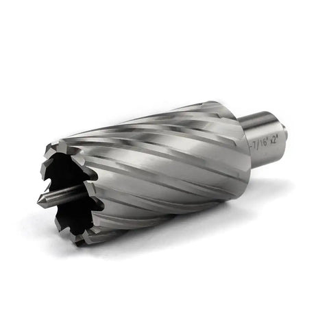 Heavy Duty High Speed Steel Annular Cutter With Weldon Shank Precision Hole Saw For Magnetic Drills And Mill Tools 3/4 Shank 1-7/16 Cut Dia 2 Inch Depth shown at an angle.