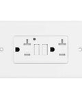 Rock Solid 20 Amp Smart Gfci Outlet With Child Door Shutters And Etl Listing for safety, white ABS terminal cover, front view.