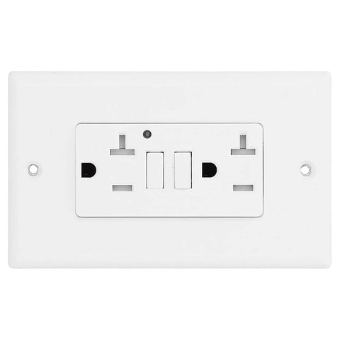 Rock Solid 20 Amp Smart Gfci Outlet With Child Door Shutters And Etl Listing for safety, white ABS terminal cover, front view.