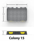 15 Slot Modular Tackle Box With Customizable Waterproof Case, plastic organizer shown top and side view, grey and yellow colors