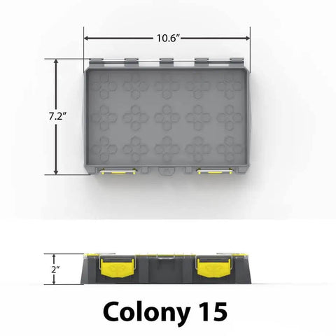 15 Slot Modular Tackle Box With Customizable Waterproof Case, plastic organizer shown top and side view, grey and yellow colors