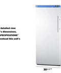 Rock Solid Commercial Freezer 31 Inch Reach In Upright Design With Solid Door, Four Adjustable Shelves, 18 Cubic Feet Manual Defrost, NSF Certified White Unit Built For The Daily Grind displaying side view and dimensions.