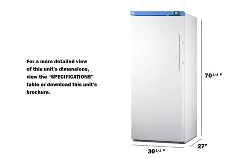 Rock Solid Commercial Freezer 31 Inch Reach In Upright Design With Solid Door, Four Adjustable Shelves, 18 Cubic Feet Manual Defrost, NSF Certified White Unit Built For The Daily Grind displaying side view and dimensions.