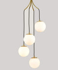Dope Mid Century Modern Pendant Lighting Four Light Globe Chandeliers With White Opal Glass Shades And Brass Finish