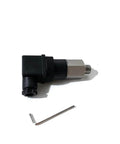 Side view: waterjet pressure switch 30 PSI with black plastic body and silver threaded end, hex key shown