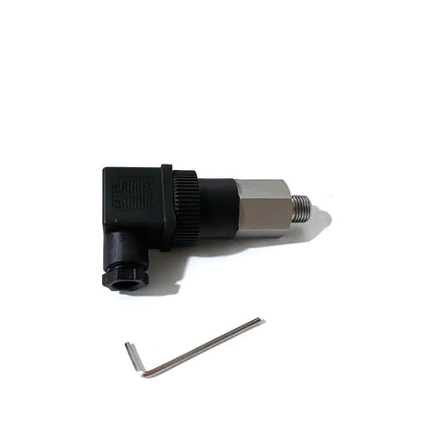 Side view: waterjet pressure switch 30 PSI with black plastic body and silver threaded end, hex key shown