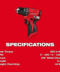 3 8 Inch M12 12v Cordless Brushless Drill And Driver Bare Tool With All Metal Keyless Chuck Variable Speed Trigger And Lightweight Compact Frame on red background with specs.