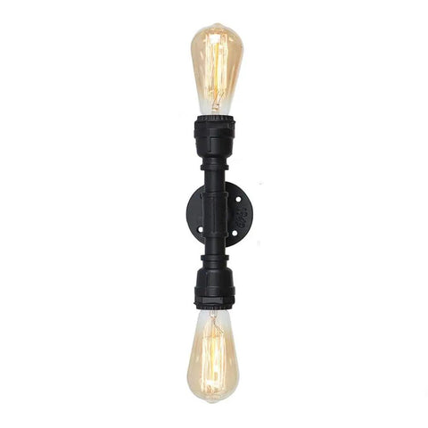Vintage Edison Vibe Two Light Bathroom Vanity Wall Sconce in black finish with industrial water pipe design, vertical mounting view.