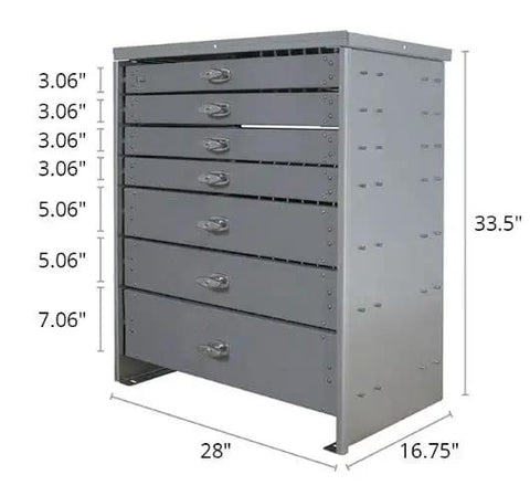 Tough As Nails Heavy Duty Steel Tool Chest With Seven Rig Ready Drawers Built For Work Trucks And Job Sites Featuring Five Hundred Lb Glide Rails And Secure Latches, measuring 28"x16.75"x33.5".