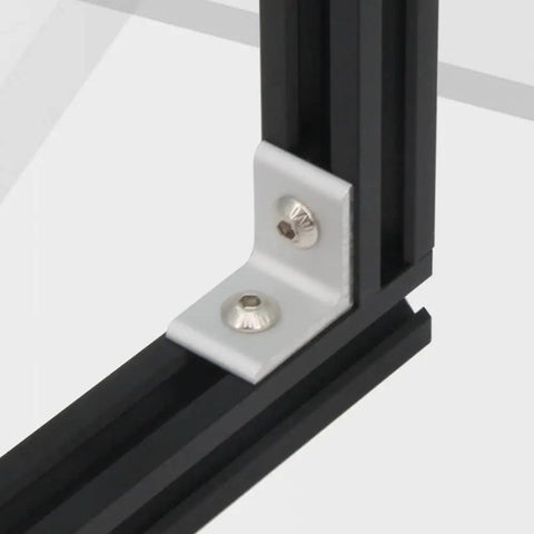 Inside Corner Bracket Gusset for 2020 Series Aluminum Extrusion with 2 Hole M5 Screws installed at 25mm x 25mm corner on frame