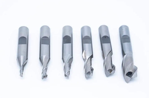 Beefy Single End 2 Flute End Mill Set, 6 Pieces, 3/8 Inch Shank, High Speed Steel, Center Cutting, With Plastic Stand