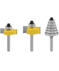Three Piece Set Pro Grade Cemented Carbide Tenon Cutter With Six Beefy Adjustable Bearings For Woodworking Rabbeting Router Bits 1/4 Inch Shank Built To Last For Accurate Tenons And Rabbet Joints, showing detailed view of carbide cutters and bearings.