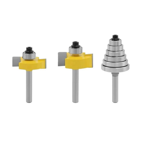 Three Piece Set Pro Grade Cemented Carbide Tenon Cutter With Six Beefy Adjustable Bearings For Woodworking Rabbeting Router Bits 1/4 Inch Shank Built To Last For Accurate Tenons And Rabbet Joints, showing detailed view of carbide cutters and bearings.