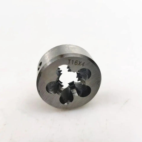 Metal die with T16X4 marking, round shape, used in hand threading tools for precise thread cutting, close-up view