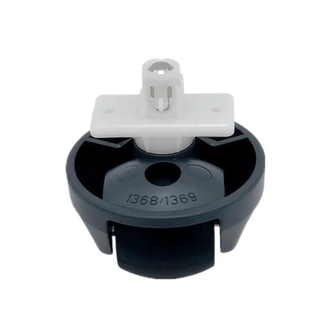 Front wheel assembly for vacuum cleaner; black wheel with gray housing and white mounting bracket.