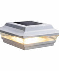 Imperial Solar Post Cap For 4x4 Posts White With High Output LED Lights, Beefy Cast Aluminum, shown glowing in warm light mode
