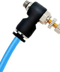 Close-up of connector on Blue Polyurethane Pneumatic Hose Thirty Two Point Eight Feet Ten Meter Length Three Eighths Inch Outer Diameter Air Line Tubing With High Flexibility Oil Resistant And Deformation Resistant For Air Tools