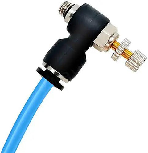 Close-up of connector on Blue Polyurethane Pneumatic Hose Thirty Two Point Eight Feet Ten Meter Length Three Eighths Inch Outer Diameter Air Line Tubing With High Flexibility Oil Resistant And Deformation Resistant For Air Tools