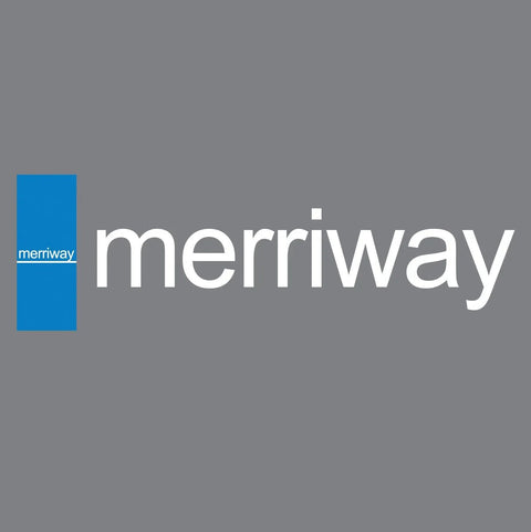 Logo of Merriway on a gray background, featuring blue and white text for brand identification.