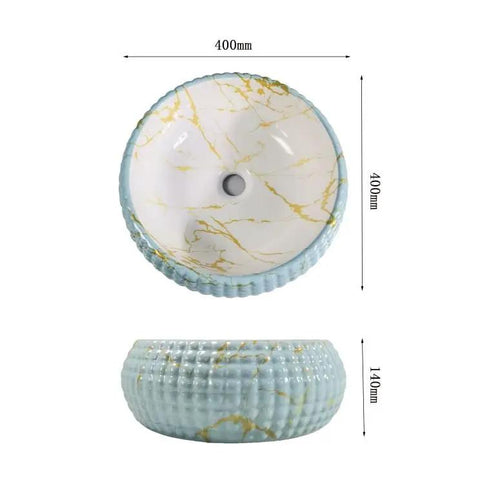 USZWBY Vessel Sinks Bathroom Vessel Sink Ceramic Vessel Sink Round Art Basin with gold accents, 400mm diameter, 140mm height.