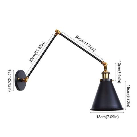 Straight Fire Metal Swing Arm Wall Sconce Super Solid Adjustable Reading Light Fixture For Bedroom Study Or Lounge Vibe Decor Heavy Duty Mount E27 Support Black Finish dimensions shown with black and gold finish