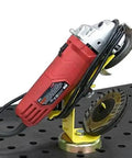 Heavy Duty Magnetic Power Grinder Rest With Rock Solid Mag Base For 5 Inch Angle Grinders showcasing a mounted angle grinder with spare disc holder.