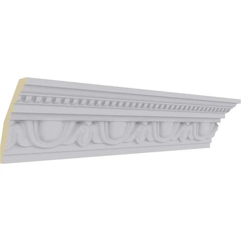 Edinburgh Crown Molding in urethane, lightweight and durable, factory primed, 4 in high, classic decorative detail visible