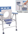 Slick Portable Commode Chair With Smooth Rolling Wheels Extra Wide Comfy Seat Detachable Waste Bucket shown with blue seat and removable bucket.