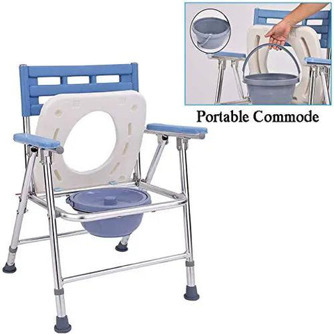 Slick Portable Commode Chair With Smooth Rolling Wheels Extra Wide Comfy Seat Detachable Waste Bucket shown with blue seat and removable bucket.
