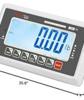 TBW 200 Bench Scale large backlit LCD display with buttons, showing 0.00 lb measurement, dimensions labeled 35.6 x 15.7 x 19.6.