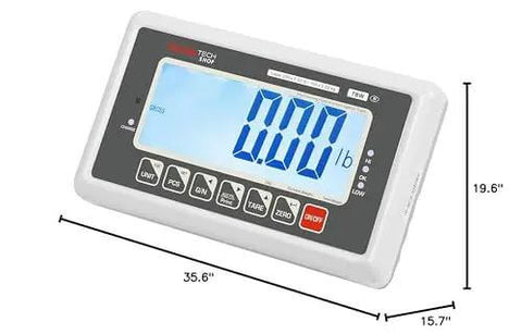 TBW 200 Bench Scale large backlit LCD display with buttons, showing 0.00 lb measurement, dimensions labeled 35.6 x 15.7 x 19.6.