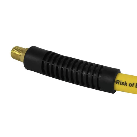 Built Different Three Eighth Inch By Fifty Foot Premium Hybrid Air Hose end with solid brass fitting and black grip.
