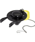 Black durable replacement universal toilet flapper with chain and float for 2 inch flush valves; easy install; reliable seal; leak prevention.