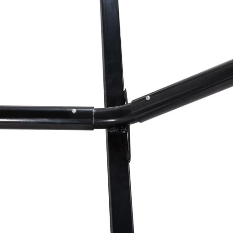 Close-up of heavy duty steel hammock stand connections, black finish. Heavy Duty Steel Hammock Stand For Two Peeps, Portable Outdoor Frame With Hooks.