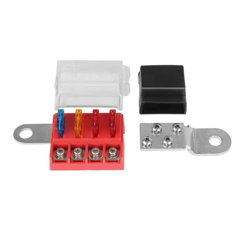 M10 100A 32V Fuse Block Terminal Mount Busbar For Car Boat Marine DC Systems, four fuse positions, aluminum build, parts displayed