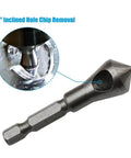 Side view of a SOCOJE chamfer bit with 1/4 inch hex shank, metal countersink deburring drill bit