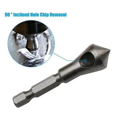 Side view of a SOCOJE chamfer bit with 1/4 inch hex shank, metal countersink deburring drill bit