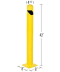 Heavy Duty Beefy Steel Safety Barrier Bollard And Industrial Traffic Control Post With Rock Solid Bright Yellow Finish And Concrete Fillable Base Plate For Warehouse Machine Guard At 42 Inches, shown front view with dimensions.