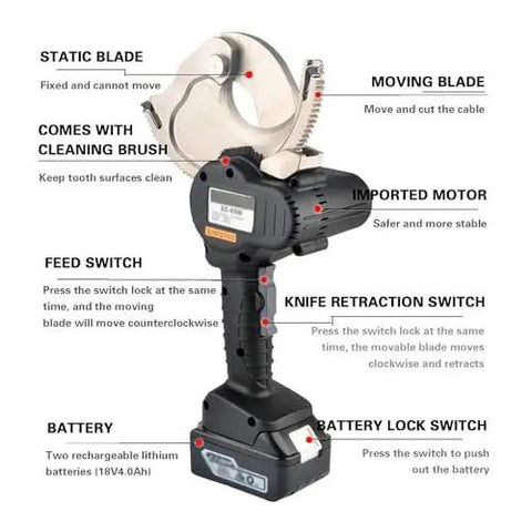 Knuckle Saving Cordless Battery Powered Wire Cutters Featuring Smooth Ratchet Mechanism For Thick Copper And Aluminum Cable Cutting. Detailed view including blade, motor, and settings.