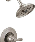 Woodhurst 14 Series Brushed Nickel Shower Trim Kit with matching head and handle, universal rough-in compatible valve not included.