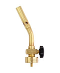 Side view of brass Pencil Flame Propane Torch Head for precise soldering, thawing, and small heat jobs, UL2317 compatible.