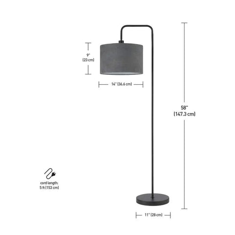 Barden 58 Inch Floor Lamp in Black Finish With Dark Gray Velvet Shade dimensions and specifications image.
